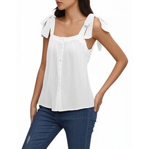 JANE + DELANCEY Women's Sleeveless Tie Knot Shoulder White Tank Top Crinkle NWT